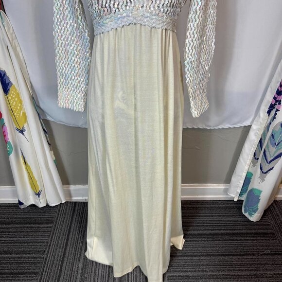 Vintage Pat Richards cream sequin maxi dress 3/4 sleeves. Size 9/10 - Picture 3 of 9